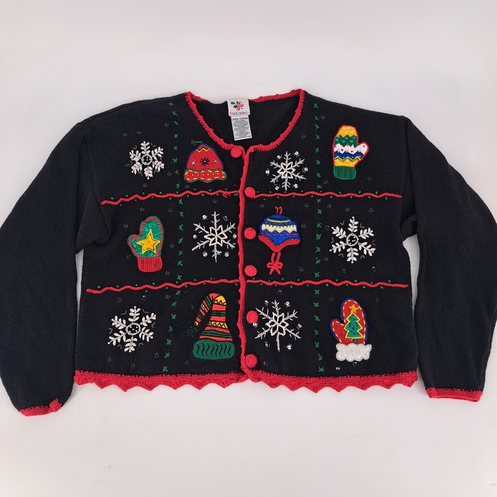 Nutcracker Womens L Ugly Christmas Sweater Cardigan Black Red Mitten Snowflakes